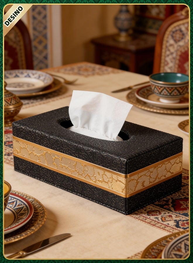 DESINO PU Leather Tissue Box Cover Luxury Black Gold Tissue Holder with Arabic Pattern, Rectangular Napkin Dispenser for Majlis Living Room Office Bedroom Bathroom Car, 24×12×8.5cm - Image 5
