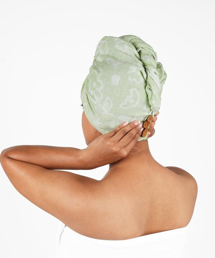 Doctor Towels Doctor Towels Banana Yarn Hair Towel Hair Wrap for Women Towel for Long Short Hair AntiFrizz Shower Hair Towels with Button QuickDrying Hair Cap Green Floral Towel Pack of 1 - Image 1
