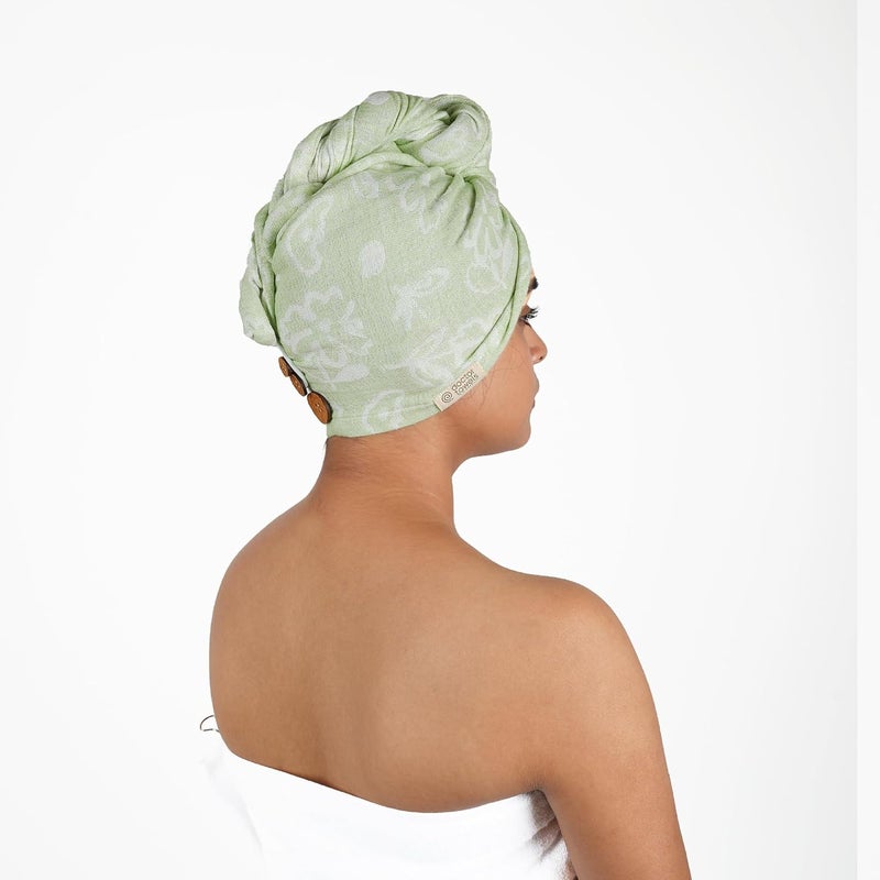Doctor Towels Doctor Towels Banana Yarn Hair Towel Hair Wrap for Women Towel for Long Short Hair AntiFrizz Shower Hair Towels with Button QuickDrying Hair Cap Green Floral Towel Pack of 1 - Image 2