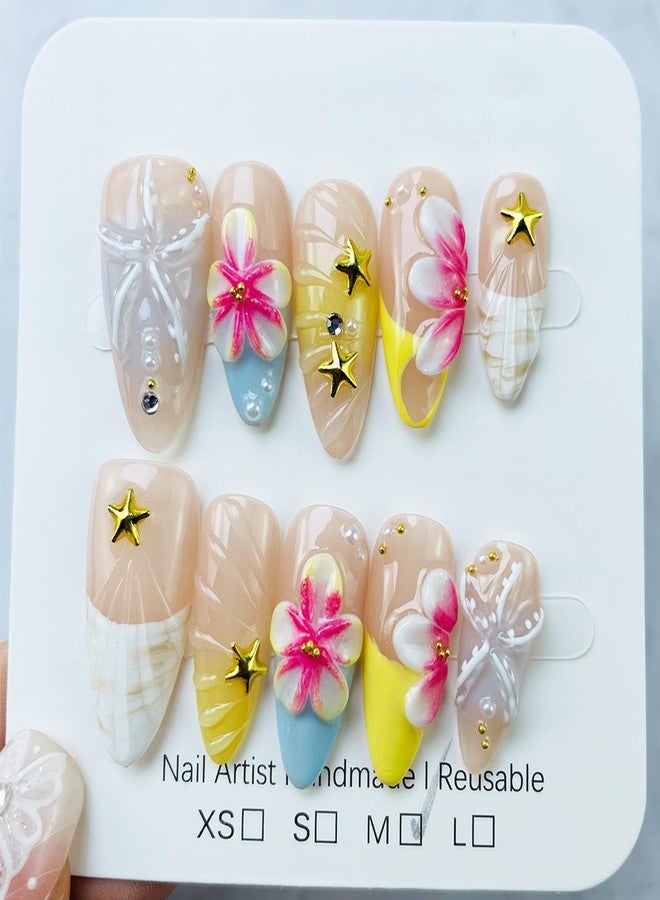 LRKNNO 10Pcs Medium Press on Nails Almond French Tip Fake Nails with 3D Gold Starfish Pearl Design Beach False Nails Hawaii Flower Acrylic Nail Summer Glue on Nails Full Cover Artificial Nail Tip for Women - Image 1