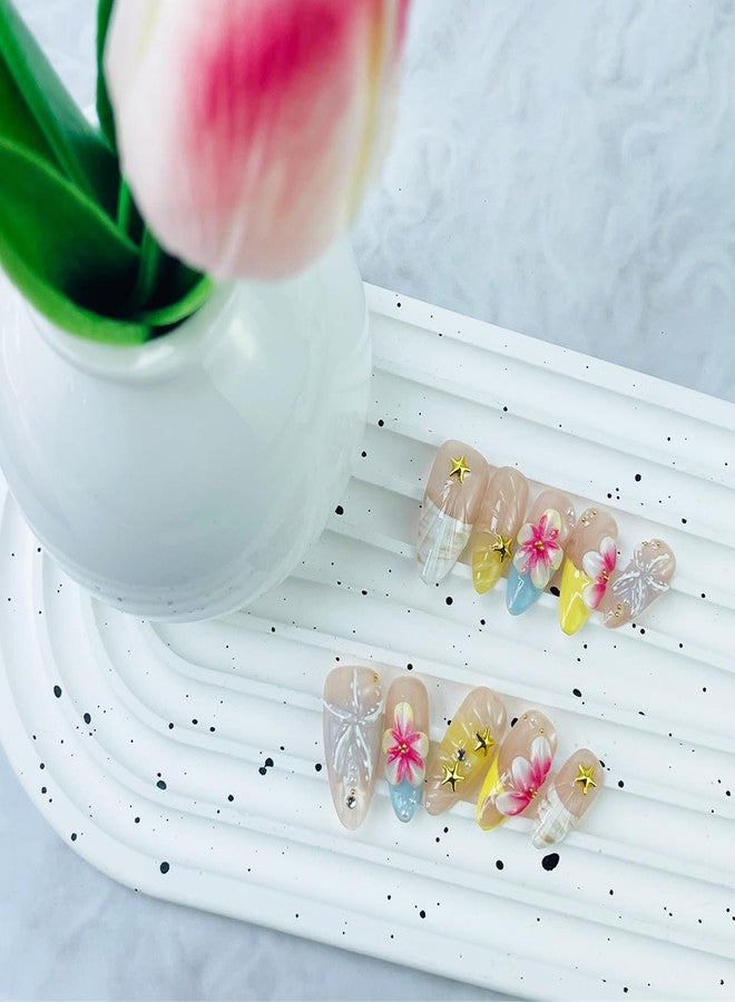 LRKNNO 10Pcs Medium Press on Nails Almond French Tip Fake Nails with 3D Gold Starfish Pearl Design Beach False Nails Hawaii Flower Acrylic Nail Summer Glue on Nails Full Cover Artificial Nail Tip for Women - Image 3