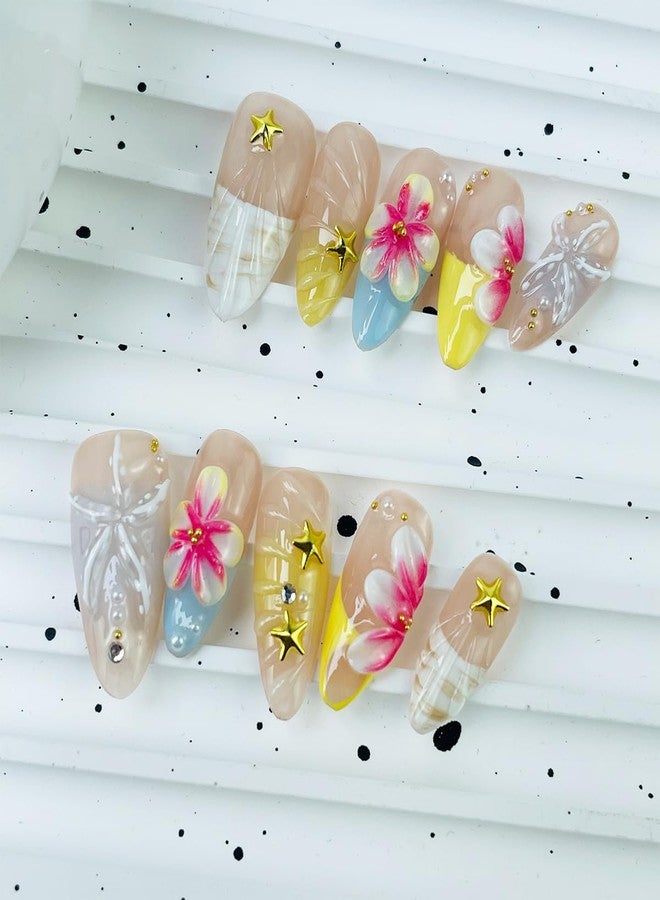 LRKNNO 10Pcs Medium Press on Nails Almond French Tip Fake Nails with 3D Gold Starfish Pearl Design Beach False Nails Hawaii Flower Acrylic Nail Summer Glue on Nails Full Cover Artificial Nail Tip for Women - Image 2