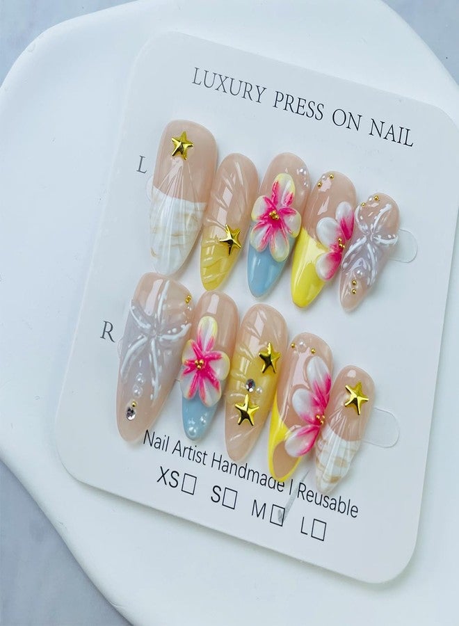 LRKNNO 10Pcs Medium Press on Nails Almond French Tip Fake Nails with 3D Gold Starfish Pearl Design Beach False Nails Hawaii Flower Acrylic Nail Summer Glue on Nails Full Cover Artificial Nail Tip for Women - Image 4