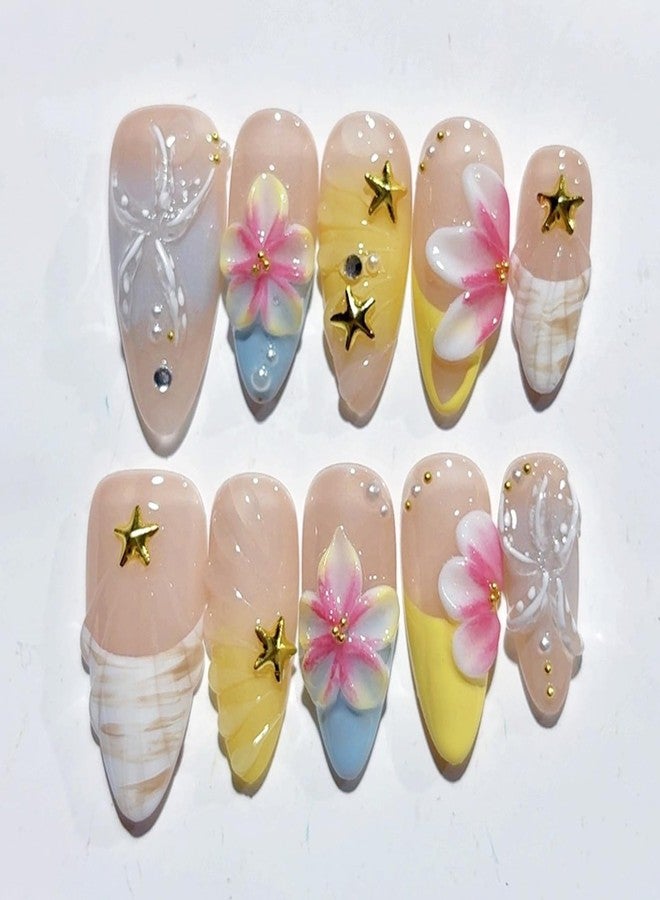 LRKNNO 10Pcs Medium Press on Nails Almond French Tip Fake Nails with 3D Gold Starfish Pearl Design Beach False Nails Hawaii Flower Acrylic Nail Summer Glue on Nails Full Cover Artificial Nail Tip for Women - Image 5