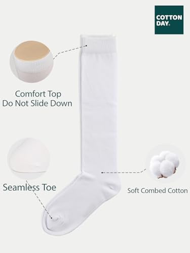 COTTON DAY 3 Pack Kids Girls Soft Knee High School Uniform Dress Socks Seamless Toe 6-8 Years White M (8) - Image 2