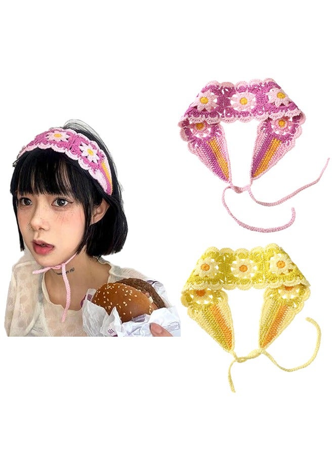 2 Pack Women Floral Headband Sweet Crochet Hair Band Floral Pattern Crochet Turban Knit Bandana Hair Scarf Knitted Headband Crochet Headbands Hollow Hairband for Women Fashion Photo（Yellow+Pink） - Image 1