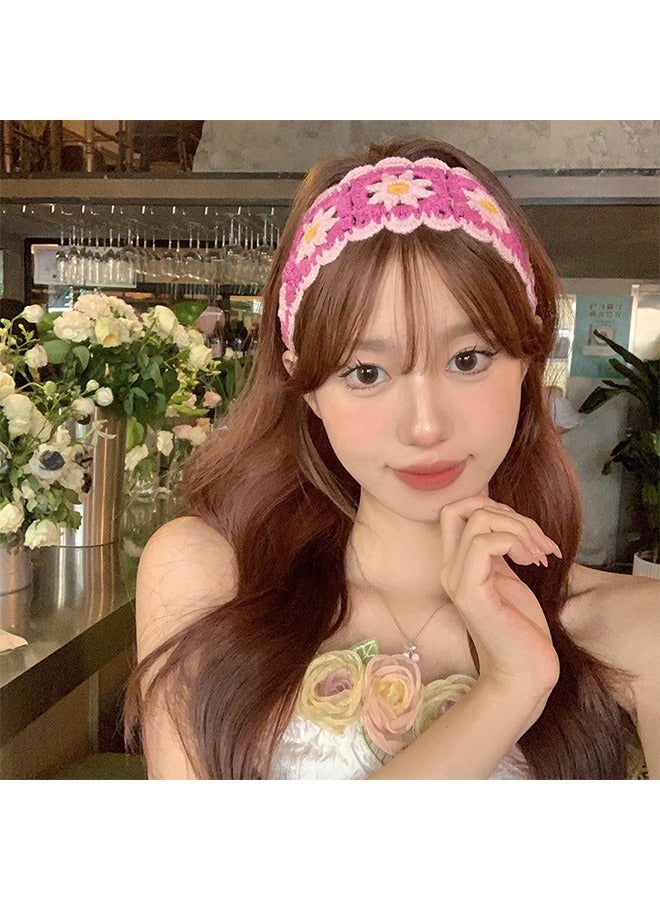 2 Pack Women Floral Headband Sweet Crochet Hair Band Floral Pattern Crochet Turban Knit Bandana Hair Scarf Knitted Headband Crochet Headbands Hollow Hairband for Women Fashion Photo（Yellow+Pink） - Image 3