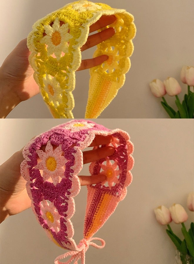 2 Pack Women Floral Headband Sweet Crochet Hair Band Floral Pattern Crochet Turban Knit Bandana Hair Scarf Knitted Headband Crochet Headbands Hollow Hairband for Women Fashion Photo（Yellow+Pink） - Image 2