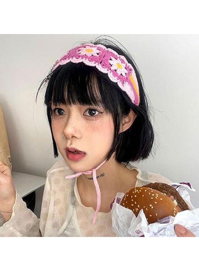 2 Pack Women Floral Headband Sweet Crochet Hair Band Floral Pattern Crochet Turban Knit Bandana Hair Scarf Knitted Headband Crochet Headbands Hollow Hairband for Women Fashion Photo（Yellow+Pink） - Image 4