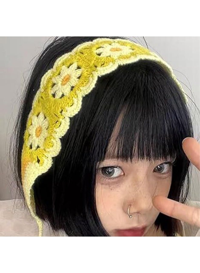 2 Pack Women Floral Headband Sweet Crochet Hair Band Floral Pattern Crochet Turban Knit Bandana Hair Scarf Knitted Headband Crochet Headbands Hollow Hairband for Women Fashion Photo（Yellow+Pink） - Image 5