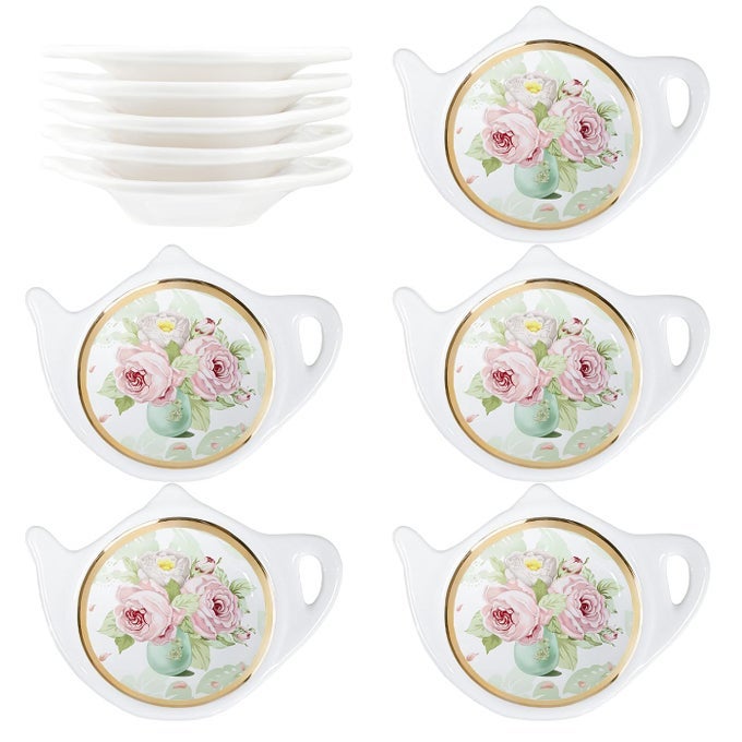 FLORAL TEA BAG HOLDER WITH GOLDEN TRIM TEA PORCELAIN ACCESSORIES TEAPOT SHAPED TEA BAG COASTER RESTING CADDY SAUCER 4 INCH10CMSET OF 10