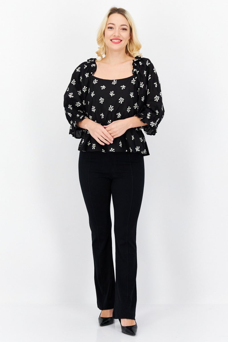 CeCe Women Square Neck Puffed Sleeve Embroidered Blouse, Black  - Image 2