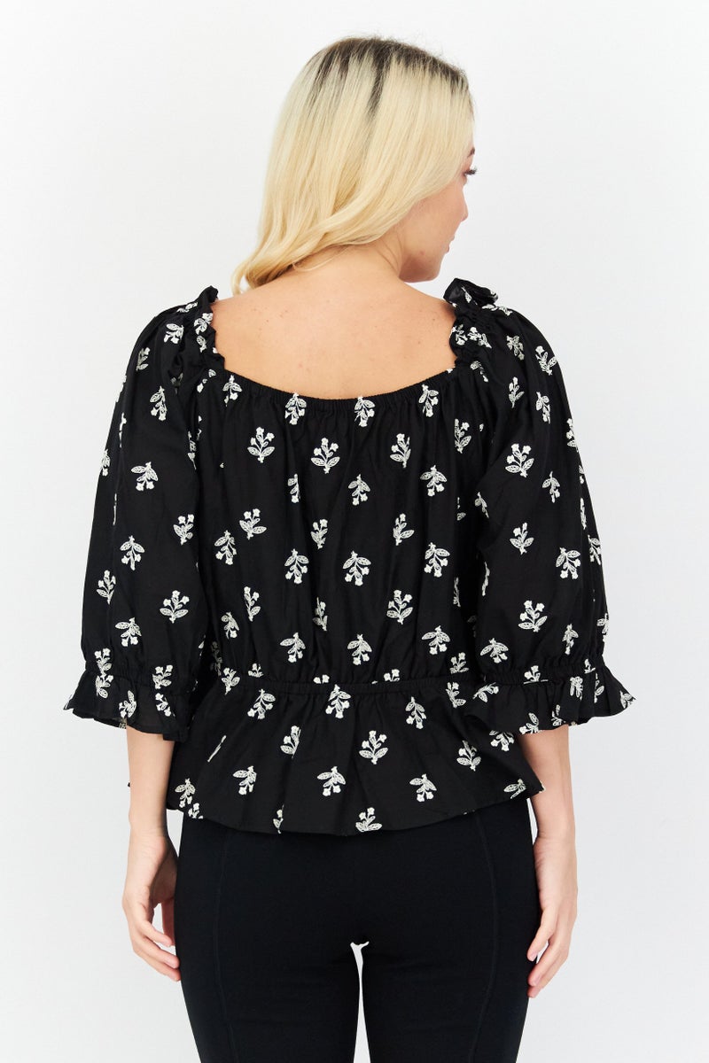 CeCe Women Square Neck Puffed Sleeve Embroidered Blouse, Black  - Image 4