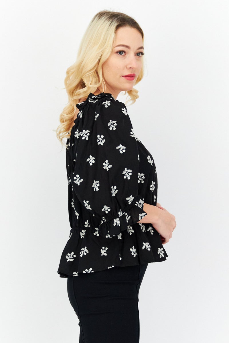 CeCe Women Square Neck Puffed Sleeve Embroidered Blouse, Black  - Image 3