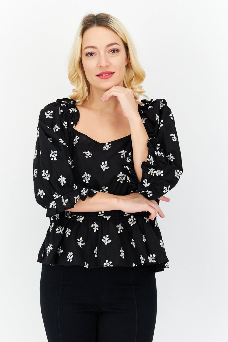 CeCe Women Square Neck Puffed Sleeve Embroidered Blouse, Black  - Image 1