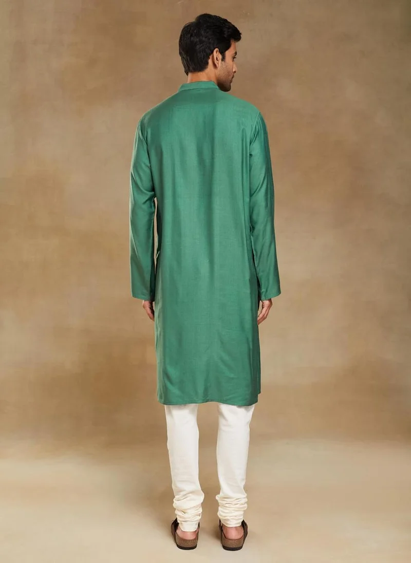 Fabindia Green Viscose Silk Pintucks Long Kurta
