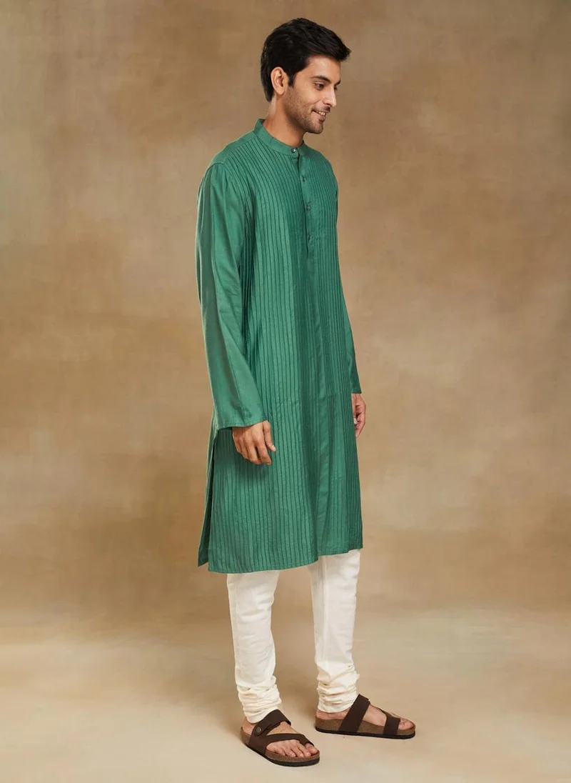 Fabindia Green Viscose Silk Pintucks Long Kurta