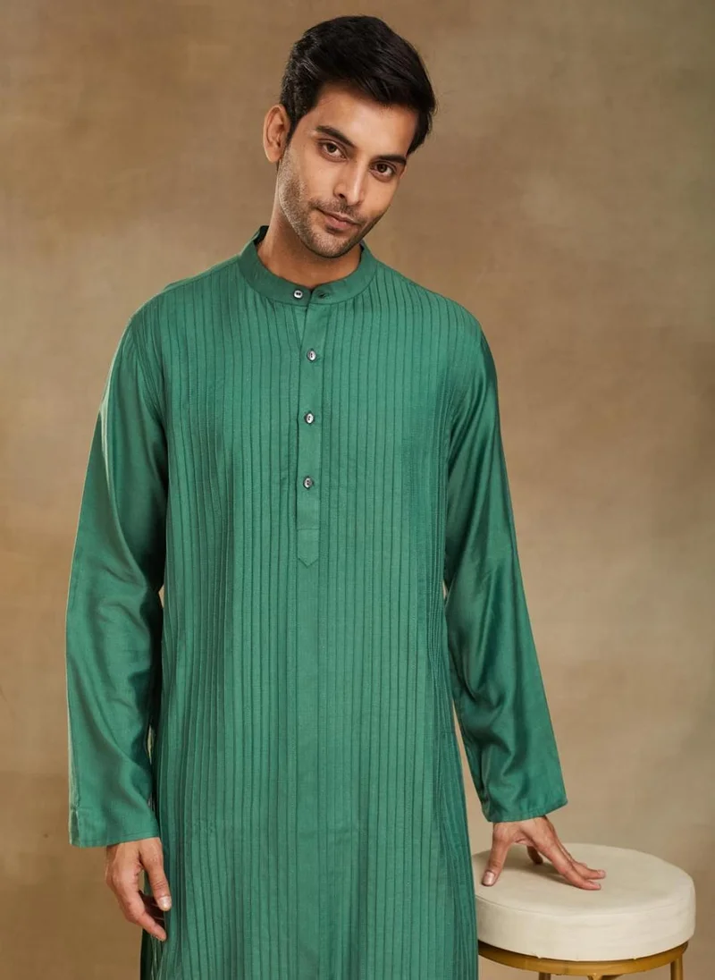 Fabindia Green Viscose Silk Pintucks Long Kurta