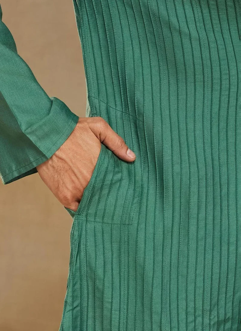 Fabindia Green Viscose Silk Pintucks Long Kurta
