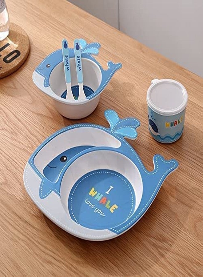 Toriox Bamboo Fiber Feeding Set for Kids - Cartoon Design Children Tableware Set, Utensils and Dishes Includes Plate Spoon, Fork and Chopsticks, Plates for Kids Tableware 5pcs (Multi) (Whale) - Image 5