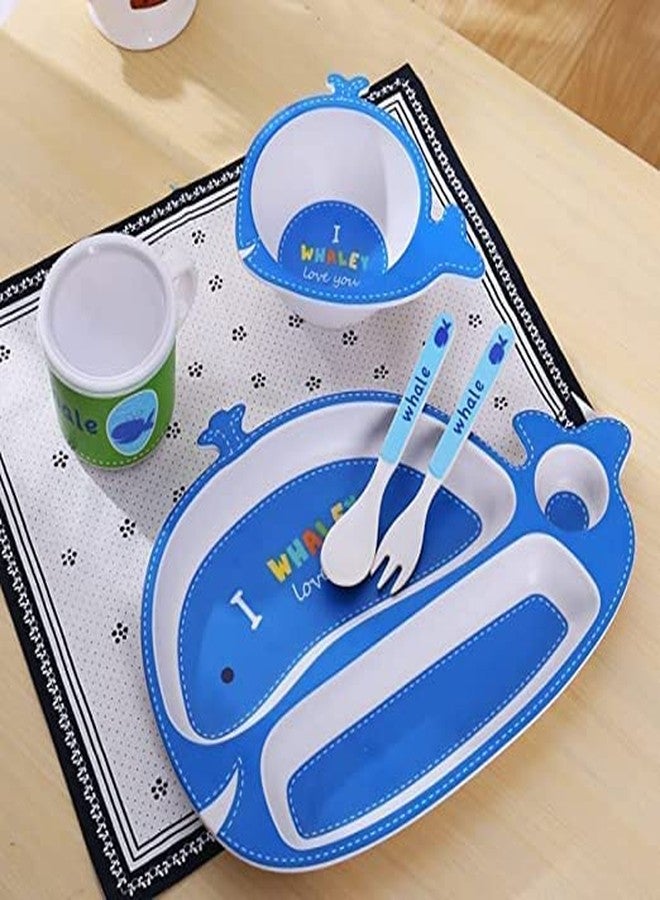 Toriox Bamboo Fiber Feeding Set for Kids - Cartoon Design Children Tableware Set, Utensils and Dishes Includes Plate Spoon, Fork and Chopsticks, Plates for Kids Tableware 5pcs (Multi) (Whale) - Image 3