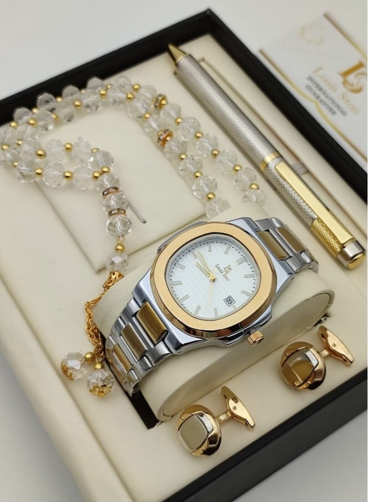 Louis Ston A high-quality, elegant men's watch gift set from Louis Ston, a silver bracelet with a gold bracelet and a white dial with the date display 