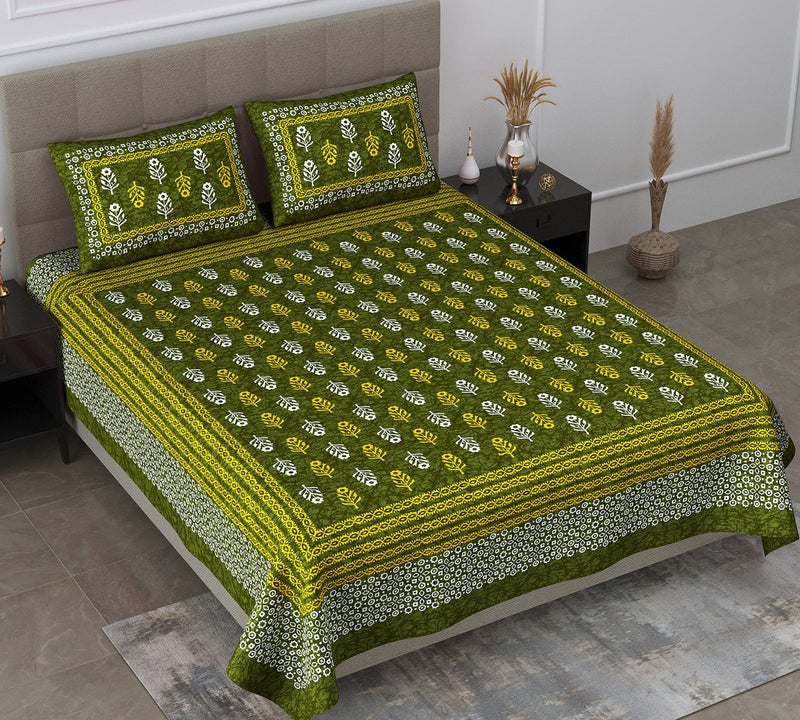 SheetKart 144 TC Jaipuri Floral Printed Cotton Double Bedsheet with 2 Pillow Covers, Mellow Green - Image 2