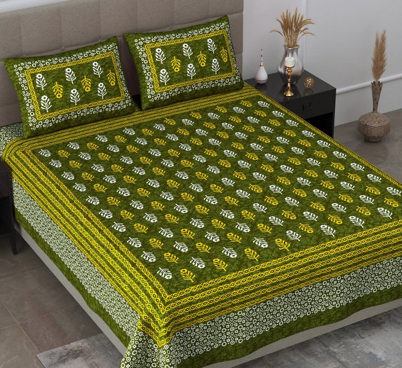 SheetKart 144 TC Jaipuri Floral Printed Cotton Double Bedsheet with 2 Pillow Covers, Mellow Green - Image 1