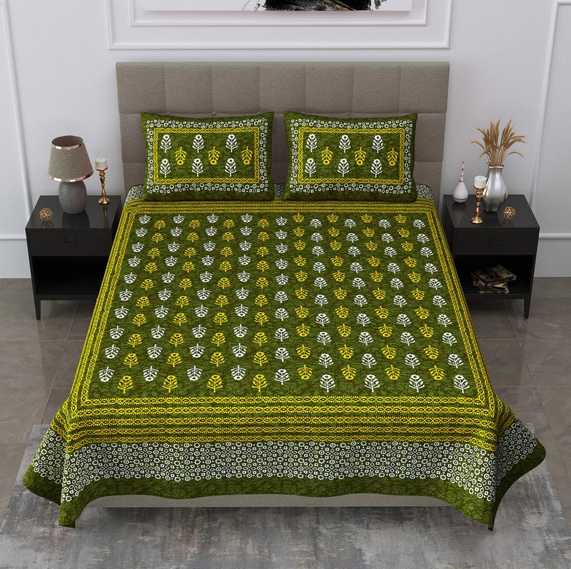 SheetKart 144 TC Jaipuri Floral Printed Cotton Double Bedsheet with 2 Pillow Covers, Mellow Green - Image 4