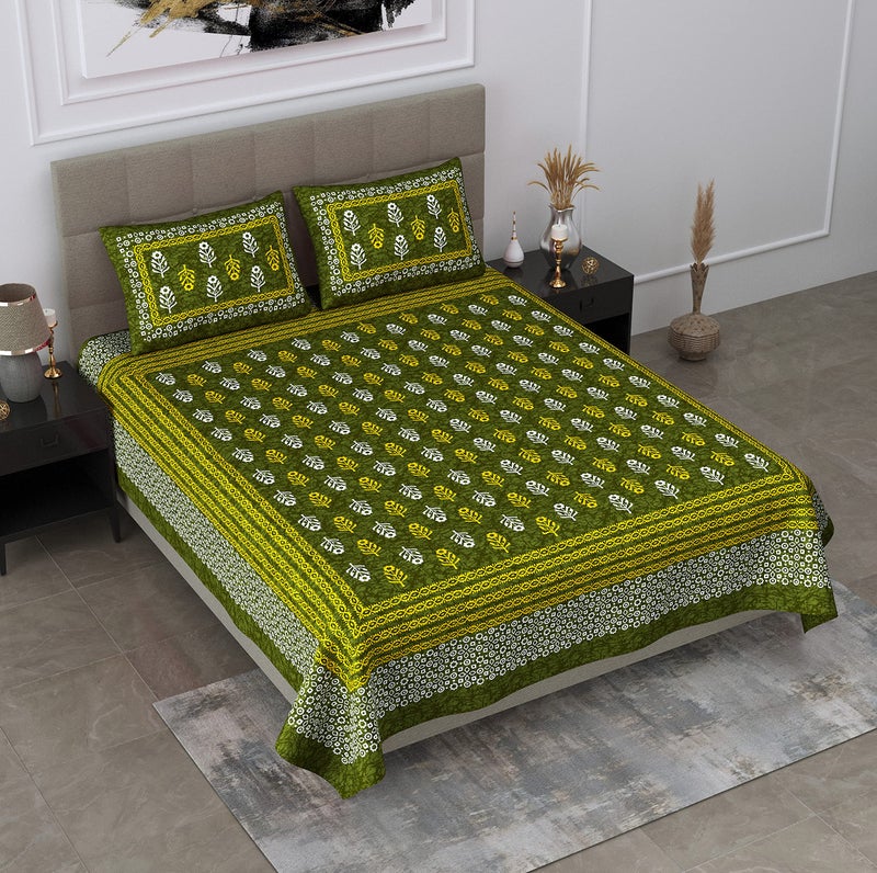 SheetKart 144 TC Jaipuri Floral Printed Cotton Double Bedsheet with 2 Pillow Covers, Mellow Green - Image 3