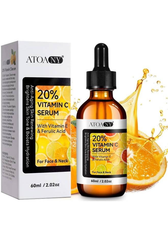 ATOANY - 60ml 20% Vitamin C Serum with Vitamin E and Ferulic Acid Serum for Face and Neck Boost Skin Collagen Hydrate and Plump Skin Reduce Fine Lines Anti Aging and Wrinkle Facial Serum - Image 1