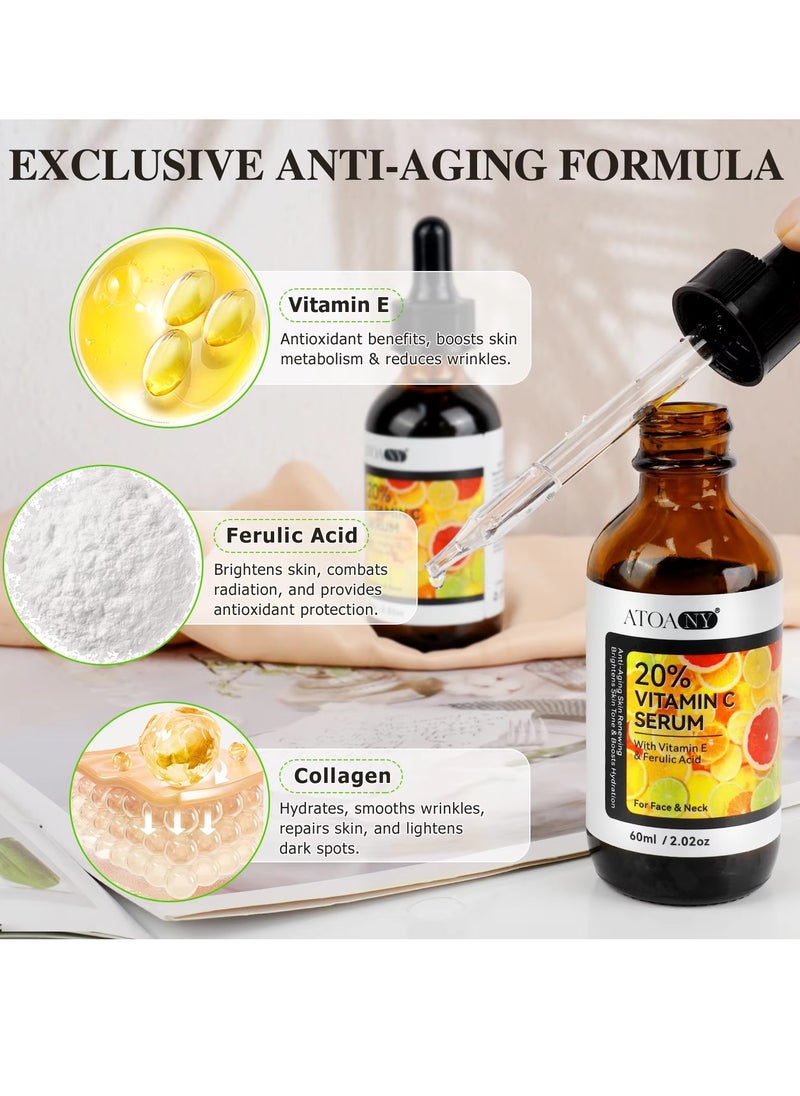 ATOANY - 60ml 20% Vitamin C Serum with Vitamin E and Ferulic Acid Serum for Face and Neck Boost Skin Collagen Hydrate and Plump Skin Reduce Fine Lines Anti Aging and Wrinkle Facial Serum - Image 1