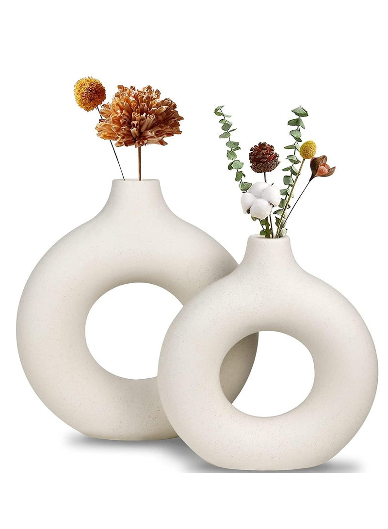 2 Piece White Ceramic Vase Set for Modern Home Decor Round Matte Pampas Flower Vases Minimalist Nordic Boho Ins Style  - Image 1