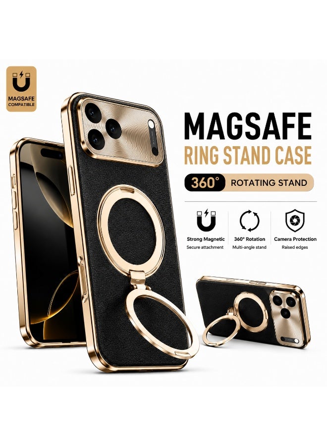 جراب iPhone 17 Pro متوافق مع MagSafe | حامل دوار 360° | حماية كاملة للكاميرا | ملمس جلد فاخر | تثبيت مغناطيسي قوي - Image 1