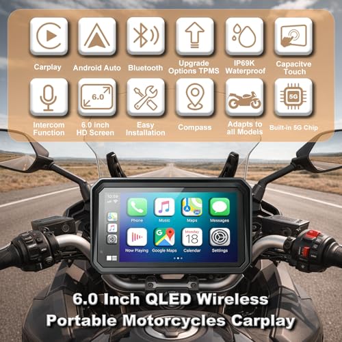 YZW 6" Wireless Motorcycle Carplay with Android Auto, Waterproof GPS Nevigation System Screen for Motorbike, Music Sharing,Vioce Control,Light Sensor, BT,Anti-Theft Design Quick-Release Magnetic Mount - Image 2