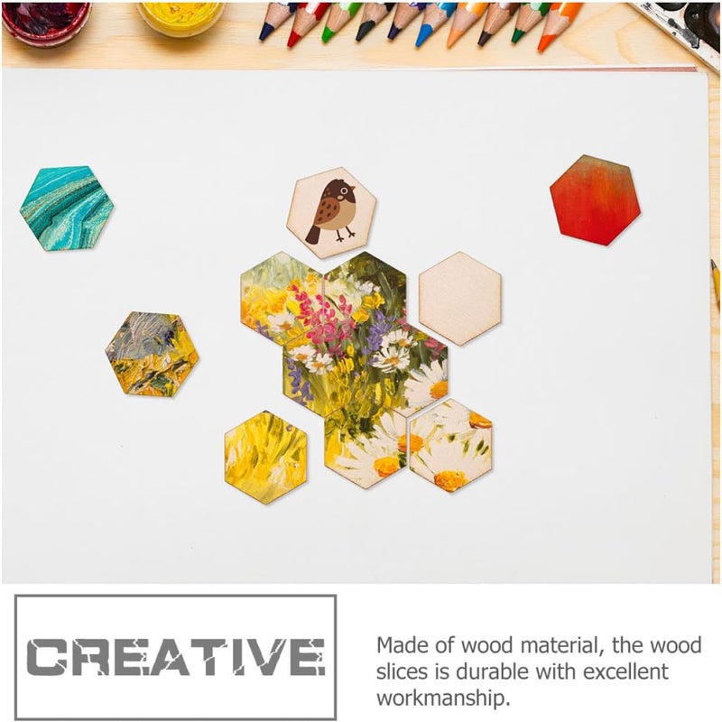 100 Pcs 50mm Hexagon Wood Slices for DIY Crafts, Unfinished Wooden Pieces Hexagonal Wood Chips for Art Projects and Woodcraft Decoration - Image 4