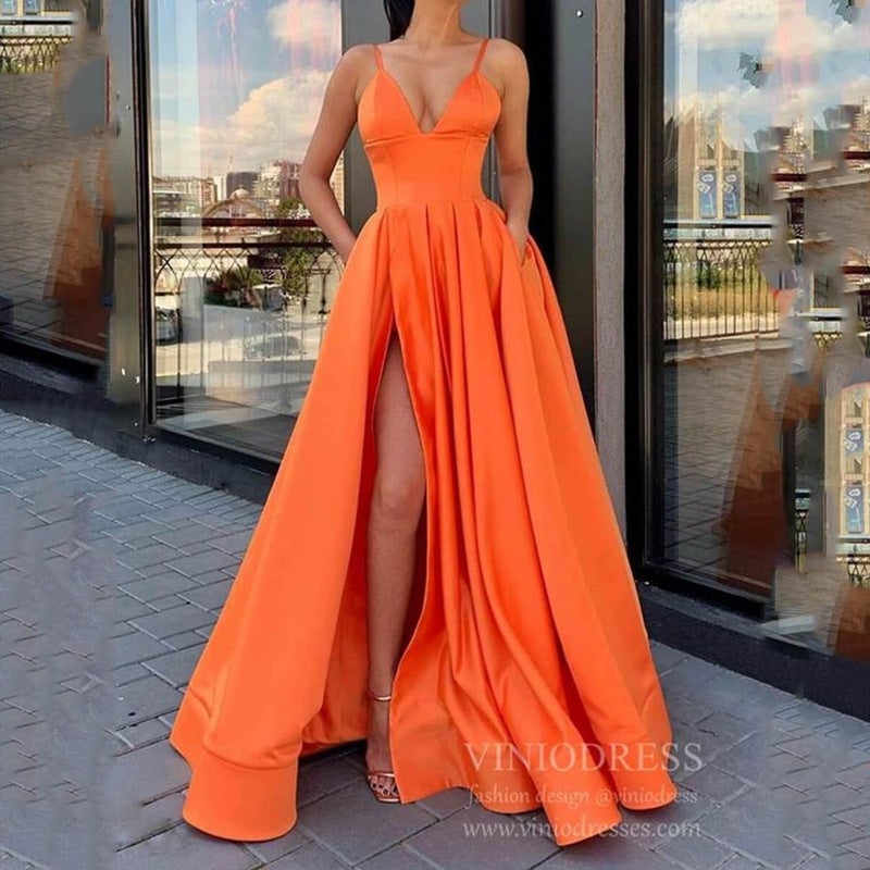2024 Spring Slim Satin Evening Gown Orange - Image 1