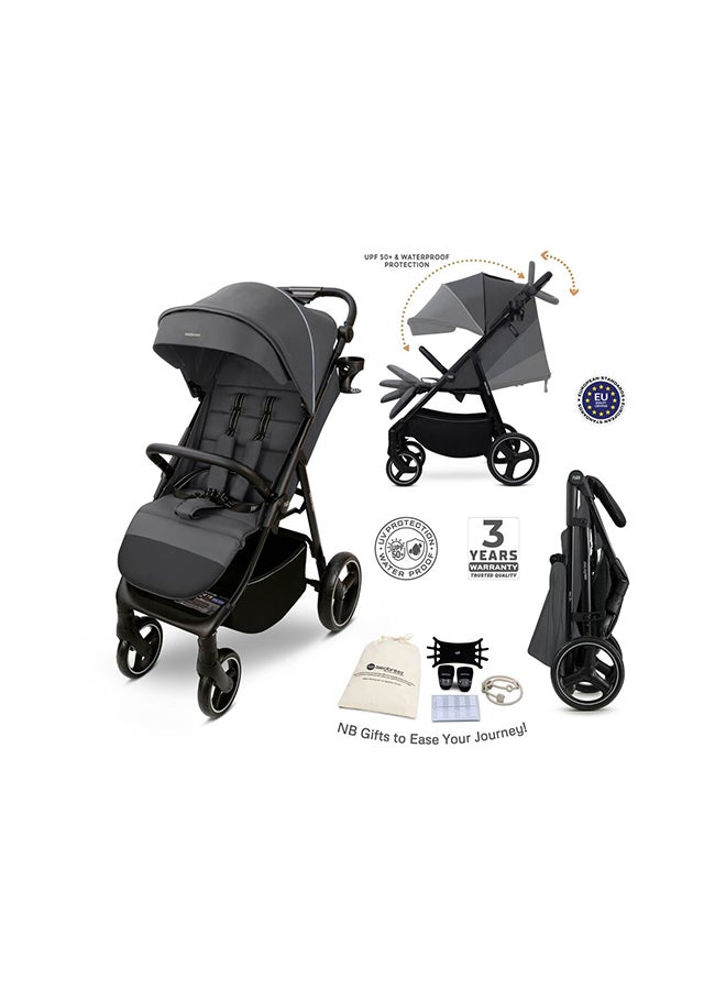 نيوبريز عربة أطفال رباعية الاتجاهات خفيفة الوزن للسفر، عربة أطفال بعربة أطفال مع حامل أكواب، مقعد عميق وواسع قابل للطي بيد واحدة، مظلة مقاومة للماء بعامل حماية من الأشعة فوق البنفسجية +، ضمان  سنوات - Image 3