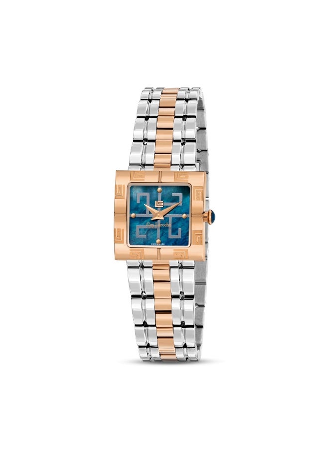 غاي لاروش ساعة يد نسائية كاميل بقرص أزرق وسوار من الستانلس ستيل باللونين الفضي والذهبي الوردي بعرض  ملم
