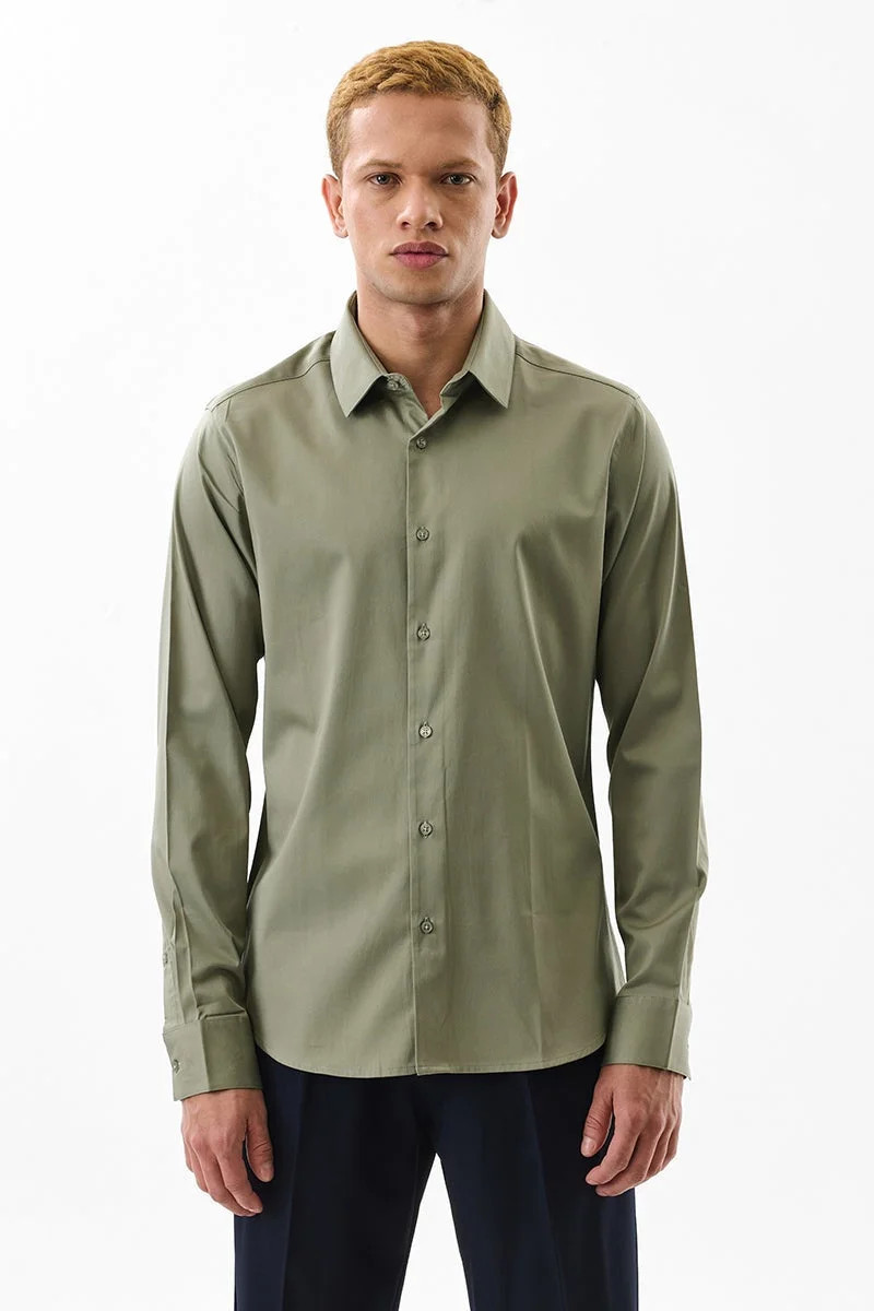 سنيتش Olive Solid Long Sleeve Slim Fit Formal Luxe Shirt