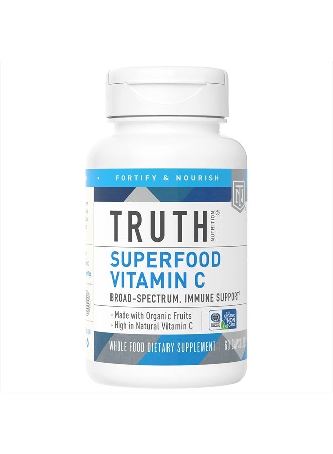 Truth Nutrition خليط سوبر فود فيتامين سي العضوي - 60 كبسولة فيتامين سي طبيعية مكمل غذائي نباتي - 150 ملغ فيتامين سي نباتي مع مسحوق كرز أسييولا العضوي، مسحوق أملّا، مسحوق ورد الورد ومسحوق كامو كامو - Image 1