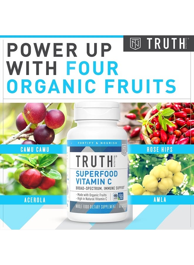 Truth Nutrition خليط سوبر فود فيتامين سي العضوي - 60 كبسولة فيتامين سي طبيعية مكمل غذائي نباتي - 150 ملغ فيتامين سي نباتي مع مسحوق كرز أسييولا العضوي، مسحوق أملّا، مسحوق ورد الورد ومسحوق كامو كامو - Image 3