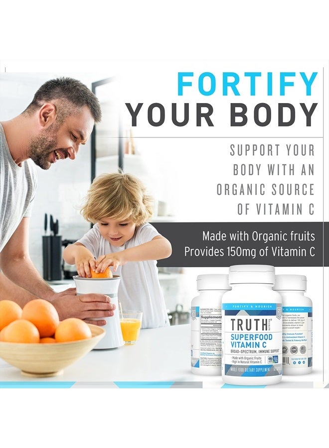 Truth Nutrition خليط سوبر فود فيتامين سي العضوي - 60 كبسولة فيتامين سي طبيعية مكمل غذائي نباتي - 150 ملغ فيتامين سي نباتي مع مسحوق كرز أسييولا العضوي، مسحوق أملّا، مسحوق ورد الورد ومسحوق كامو كامو - Image 2