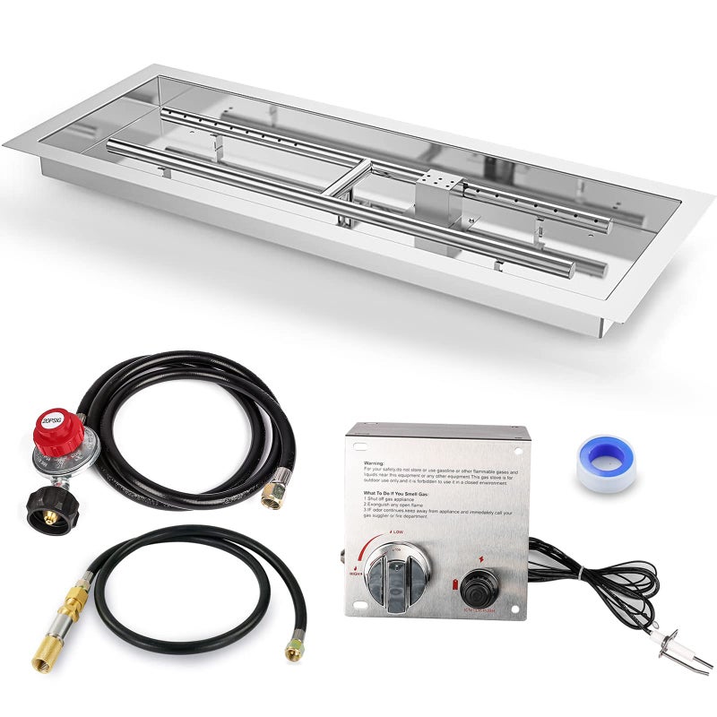 GRISUN طقم موقد نار GRISUN القابل للتثبيت 36 × 12 بوصة، موقد على شكل H مع صينية، يأتي مع طقم إشعال شرارة مطور لموقد الغاز، إدخال موقد النار من الفولاذ المقاوم للصدأ للزينة الداخلية والخارجية - Image 1