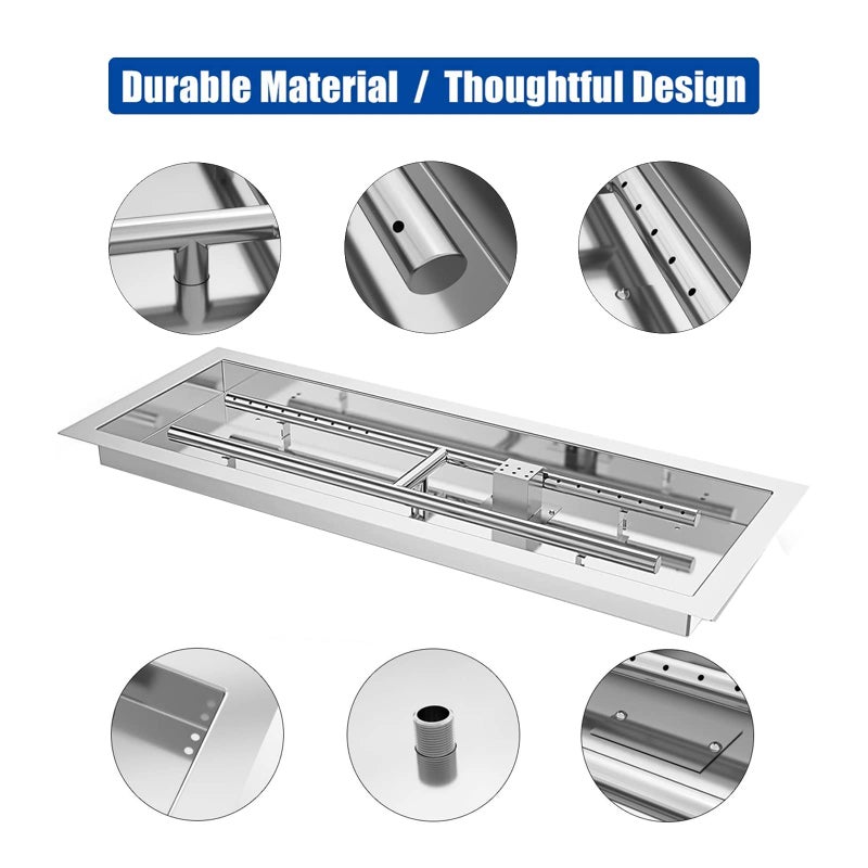 GRISUN طقم موقد نار GRISUN القابل للتثبيت 36 × 12 بوصة، موقد على شكل H مع صينية، يأتي مع طقم إشعال شرارة مطور لموقد الغاز، إدخال موقد النار من الفولاذ المقاوم للصدأ للزينة الداخلية والخارجية - Image 4
