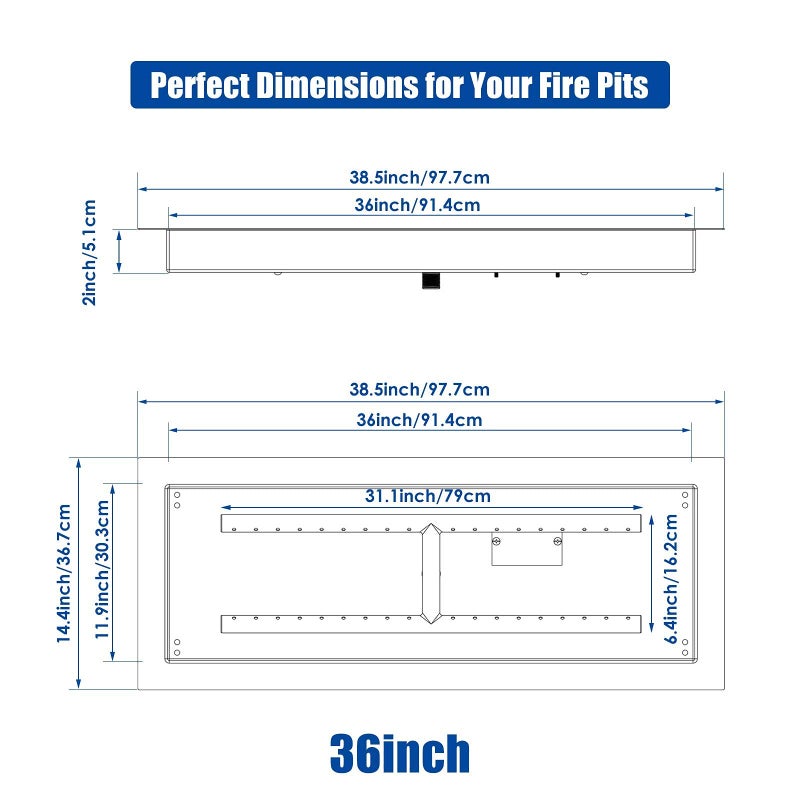 GRISUN طقم موقد نار GRISUN القابل للتثبيت 36 × 12 بوصة، موقد على شكل H مع صينية، يأتي مع طقم إشعال شرارة مطور لموقد الغاز، إدخال موقد النار من الفولاذ المقاوم للصدأ للزينة الداخلية والخارجية - Image 5
