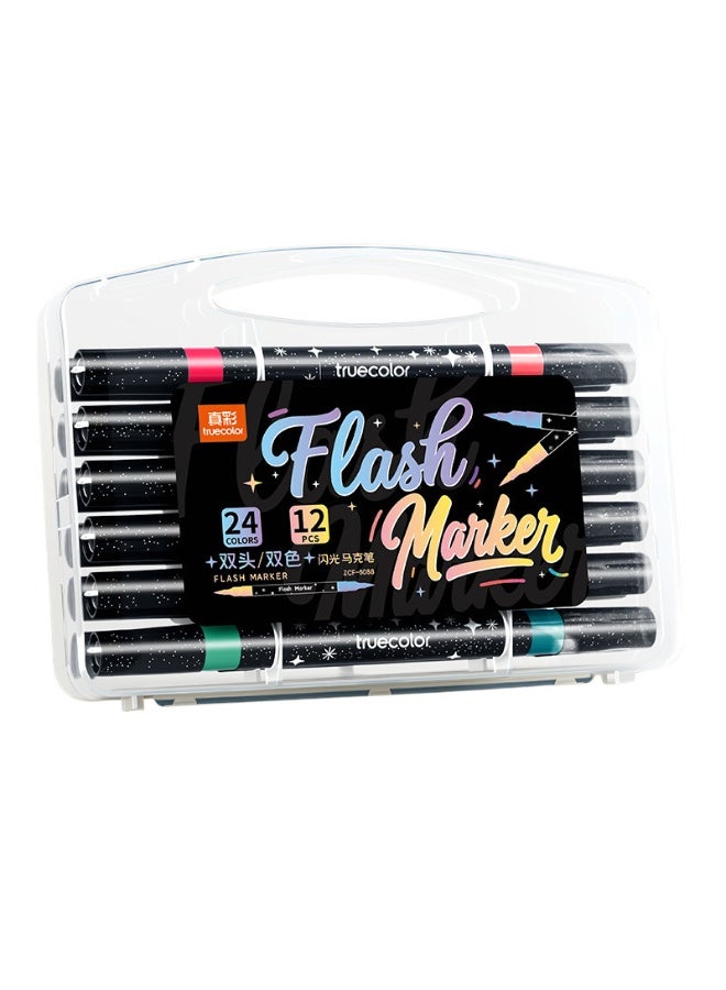 True Color New Elementary School Art Pens, 12 Count, 24 Colors, Dual-Tip, Soft-Tip, Dreamy Glitter Acrylic Markers - Image 2