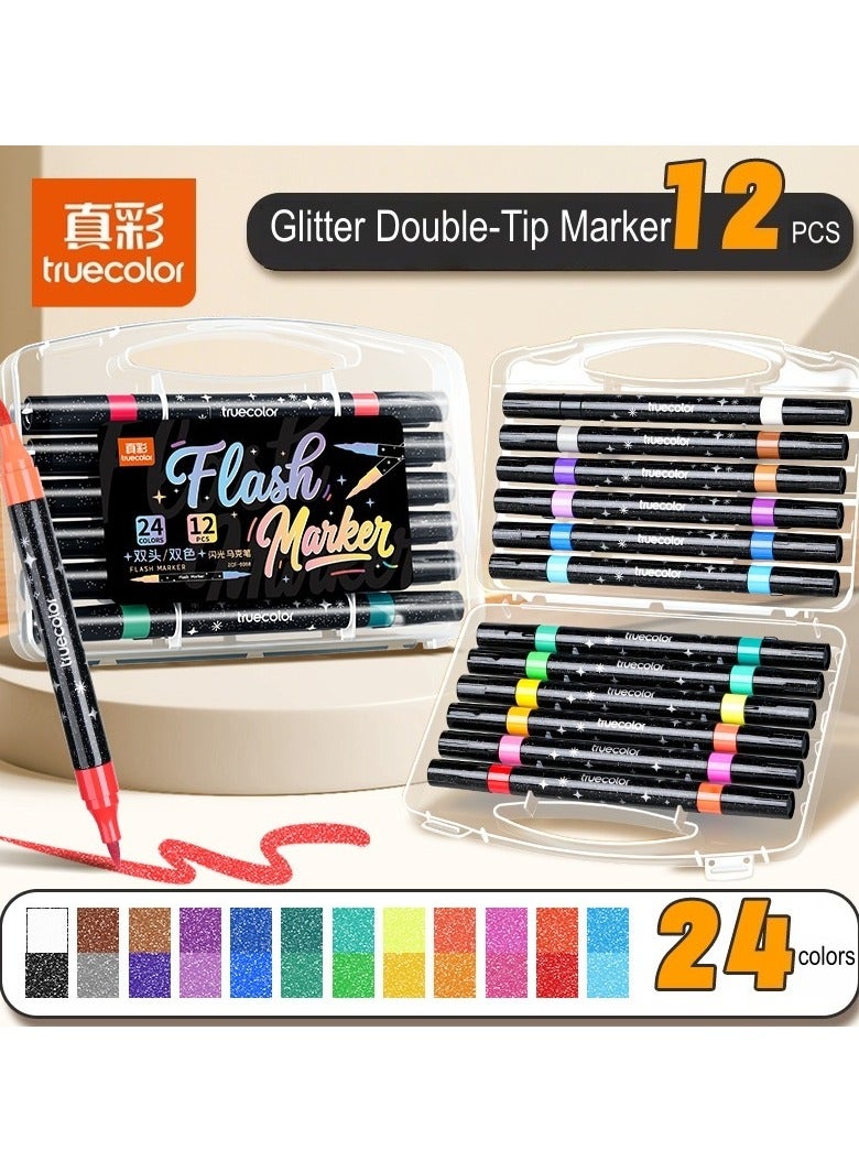 True Color New Elementary School Art Pens, 12 Count, 24 Colors, Dual-Tip, Soft-Tip, Dreamy Glitter Acrylic Markers - Image 1