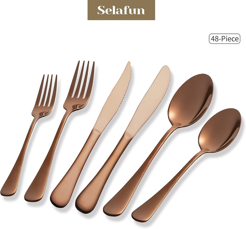 Selafun طقم أدوات مائدة من الذهب الوردي مكون من 48 قطعة. طقم أدوات مائدة من الفولاذ المقاوم للصدأ مع سكاكين ستيك. طقم أدوات مائدة للمنزل والمطعم. مجموعة أدوات المطبخ لـ 8 أشخاص. آمنة للاستخدام في غسالة الأطباق (ذهب وردي، 48) - Image 3