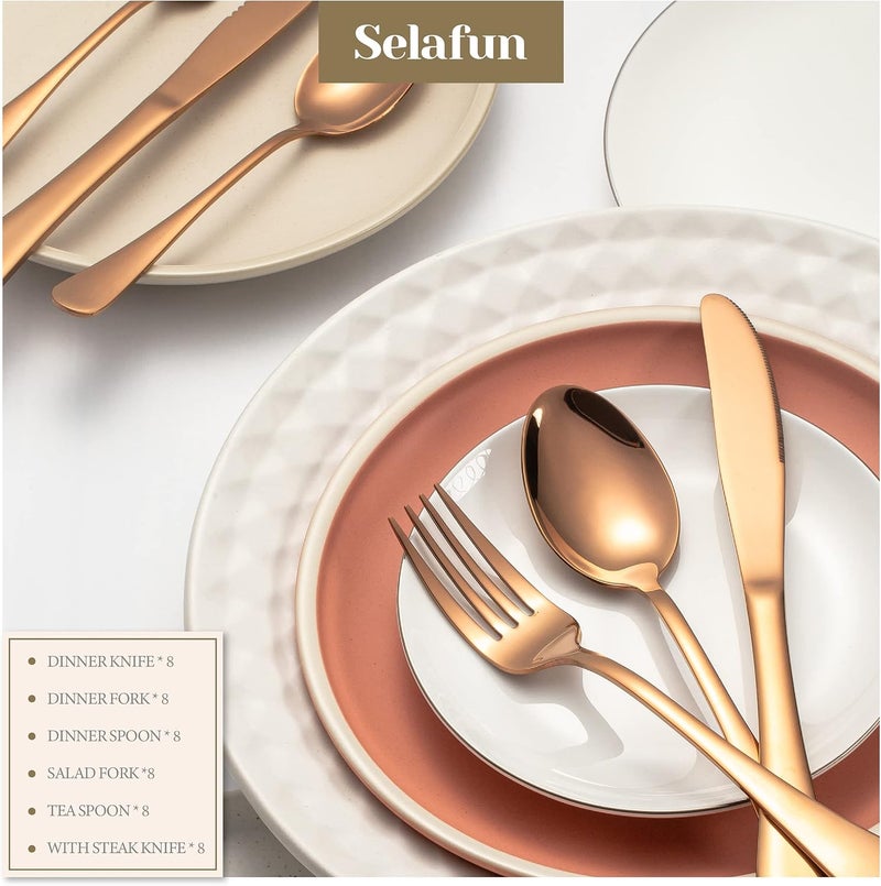 Selafun طقم أدوات مائدة من الذهب الوردي مكون من 48 قطعة. طقم أدوات مائدة من الفولاذ المقاوم للصدأ مع سكاكين ستيك. طقم أدوات مائدة للمنزل والمطعم. مجموعة أدوات المطبخ لـ 8 أشخاص. آمنة للاستخدام في غسالة الأطباق (ذهب وردي، 48) - Image 4